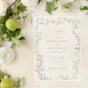 Invitations En Acrylique Mariage Élégant Monogramme Minimaliste Feuille de