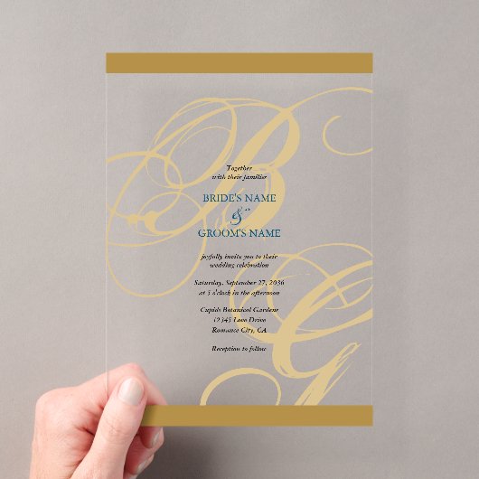 Invitations En Acrylique Mariage élégant monogramme script or bleu (In situ (ordinateur de poche))