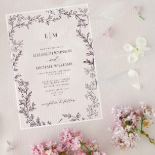 Invitations En Acrylique Mariage Élégant Monogramme Violet Prune Feuille Mi