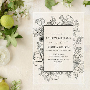 Invitations En Acrylique Mariage Élégant Noir et Blanc avec Dessin Floral e