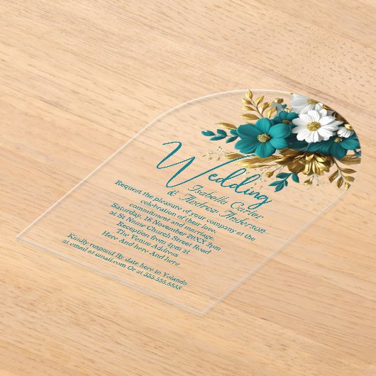 Invitations En Acrylique Mariage élégant Ornate Turquoise Fleurs d'or blanc (Poser)