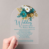 Invitations En Acrylique Mariage élégant Ornate Turquoise Fleurs d'or blanc