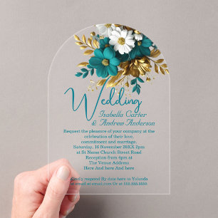 Invitations En Acrylique Mariage élégant Ornate Turquoise Fleurs d'or blanc