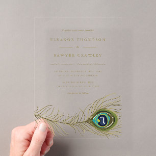 Invitations En Acrylique Mariage Élégant Plume de Paon Vintage