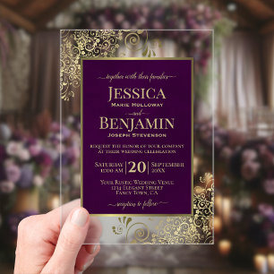 Invitations En Acrylique Mariage élégant prune pourpre et or Texte stylisé