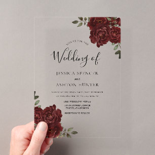 Invitations En Acrylique Mariage Élégant Romantique Rose Rouge Bourgogne