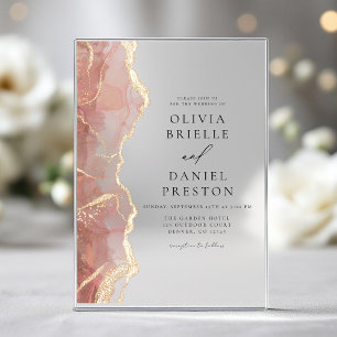 Invitations En Acrylique Mariage Élégant Rose Pâle et Or Moderne Agate