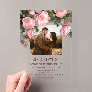 Invitations En Acrylique Mariage Élégant Roses 3D Roses Roses Blanches