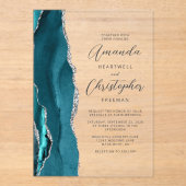 Invitations En Acrylique Mariage élégant sarcelle argent agate script (Recto)