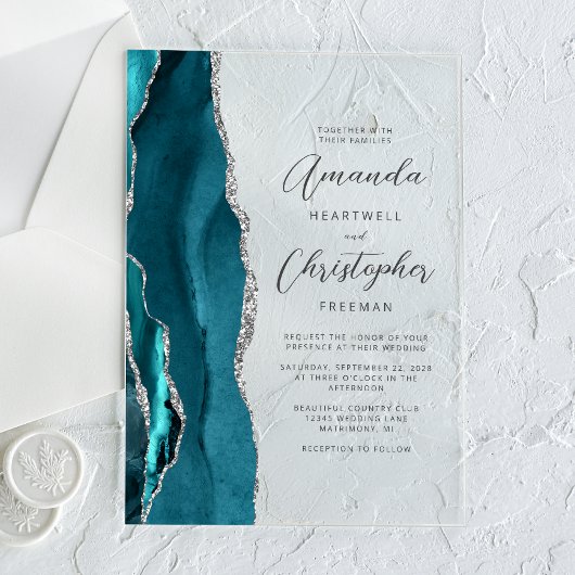 Invitations En Acrylique Mariage élégant sarcelle argent agate script