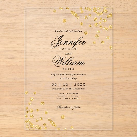 Invitations En Acrylique Mariage Élégant script roman Gold Confetti (Recto)