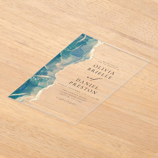 Invitations En Acrylique Mariage élégant Turquoise Bleu Or Agate (Poser)