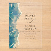 Invitations En Acrylique Mariage élégant Turquoise Bleu Or Agate (Recto)
