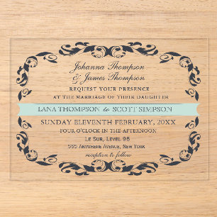 Invitations En Acrylique Mariage élégant victorien filigrané Navy CLEAR