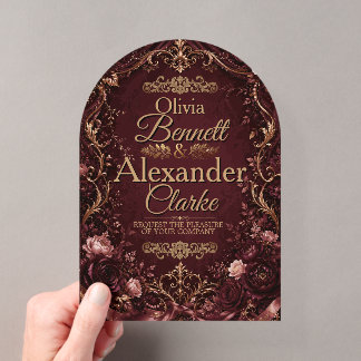 Invitations En Acrylique Mariage élégant vintage burgundy or floral gold