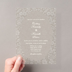 Invitations En Acrylique Mariage élégant vintage en dentelle ivoire beige r