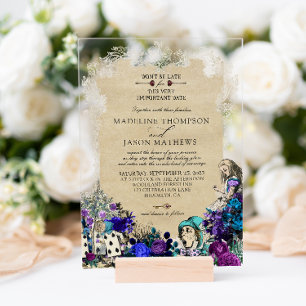 Invitations En Acrylique Mariage élégant vintage sombre Alice au pays des m