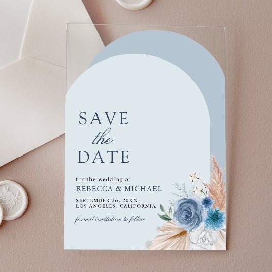 Invitations En Acrylique Mariage en arc floral bleu Dusty Enregistrer la da