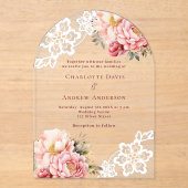 Invitations En Acrylique Mariage en dentelle fleurie de pêche rose (Recto)