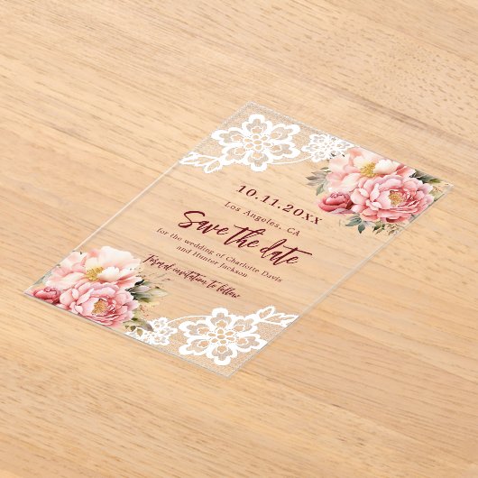 Invitations En Acrylique Mariage en dentelle fleurie pêche rose Enregistrer (Poser)