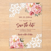 Invitations En Acrylique Mariage en dentelle fleurie pêche rose Enregistrer (Recto)