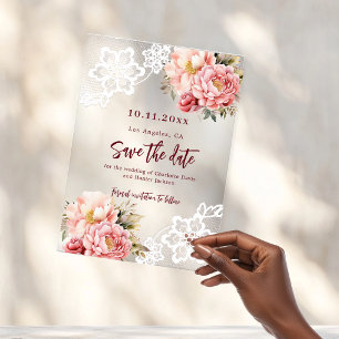 Invitations En Acrylique Mariage en dentelle fleurie pêche rose Enregistrer
