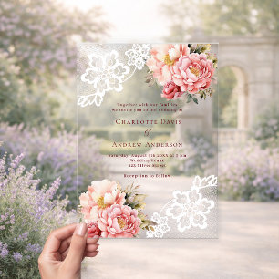 Invitations En Acrylique Mariage en dentelle florale pêche rose