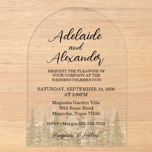 Invitations En Acrylique Mariage en forêt de bois vert (Recto)