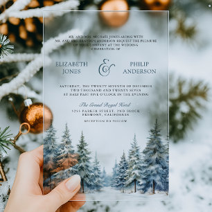 Invitations En Acrylique Mariage en forêt de pins enneigés en hiver