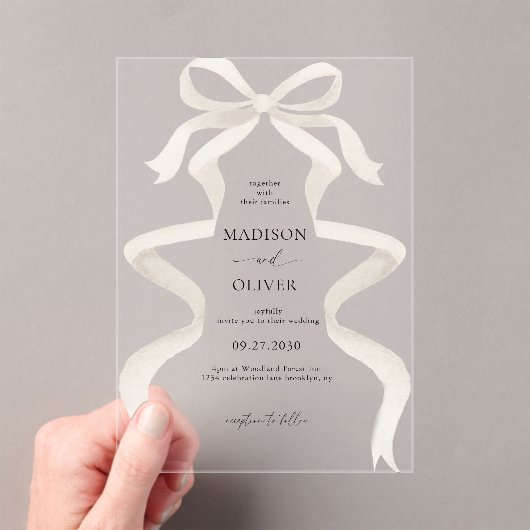 Invitations En Acrylique Mariage en ruban ivoire élégant (In situ (ordinateur de poche))