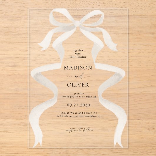 Invitations En Acrylique Mariage en ruban ivoire élégant (Recto)