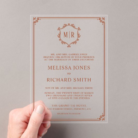 Invitations En Acrylique Mariage en terre cuite monogramme minimum (In situ (ordinateur de poche))