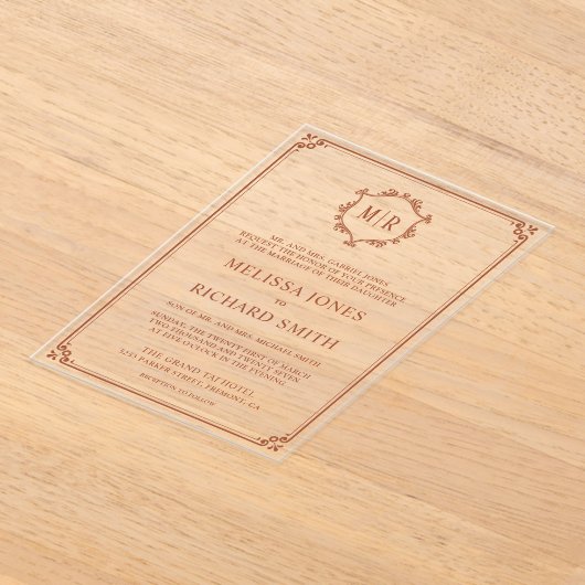 Invitations En Acrylique Mariage en terre cuite monogramme minimum (Poser)