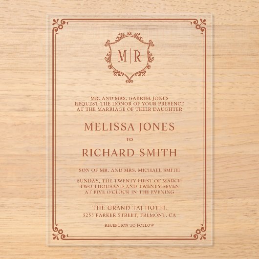 Invitations En Acrylique Mariage en terre cuite monogramme minimum (Recto)