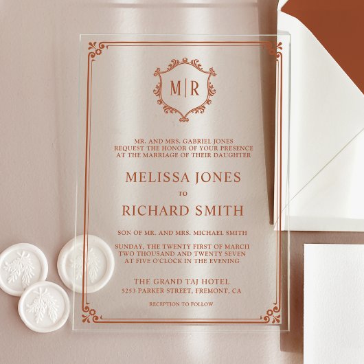 Invitations En Acrylique Mariage en terre cuite monogramme minimum