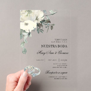 Invitations En Acrylique Mariage Espagnol à fleurs blanches avec anneau en