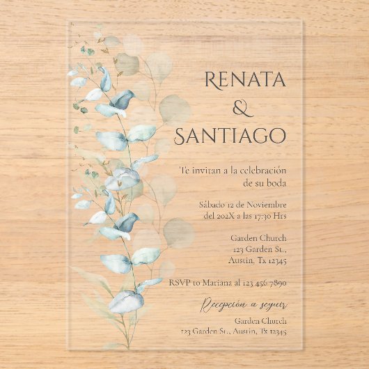 Invitations En Acrylique Mariage espagnol Sage Greenery (Recto)