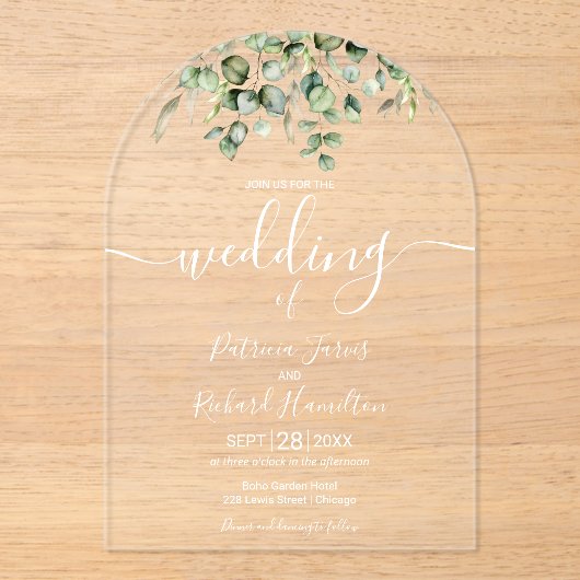 Invitations En Acrylique Mariage Eucalyptus vert (Recto)