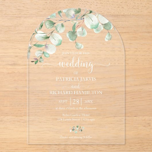 Invitations En Acrylique Mariage Eucalyptus vert (Recto)