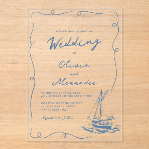 Invitations En Acrylique Mariage fantaisiste à thème nautique avec voilier