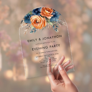 Invitations En Acrylique Mariage Fête Nocturne Fleurs Orange Brûlé Bleu Mar
