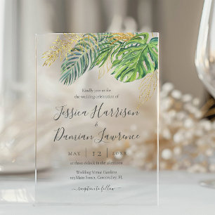 Invitations En Acrylique Mariage Feuillage Vert Or Tropical Leaves