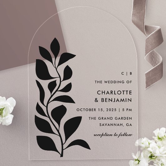 Invitations En Acrylique Mariage Feuille de la Botanique Noire moderne