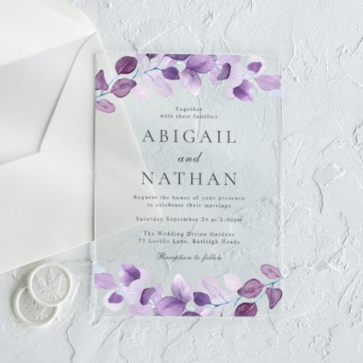 Invitations En Acrylique Mariage Feuille moderne Lavender violet