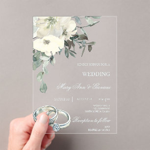 Invitations En Acrylique Mariage Fleur Blanche avec anneau doré