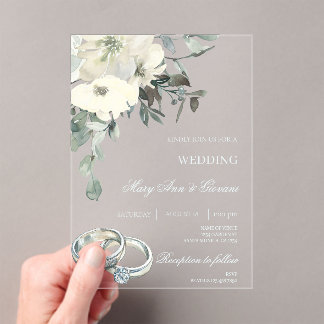 Invitations En Acrylique Mariage Fleur Blanche avec anneau doré