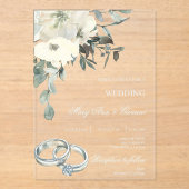 Invitations En Acrylique Mariage Fleur Blanche avec anneau doré (Recto)