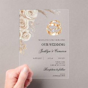 Invitations En Acrylique Mariage Fleur Blanche avec bague