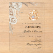 Invitations En Acrylique Mariage Fleur Blanche avec bague (Recto)