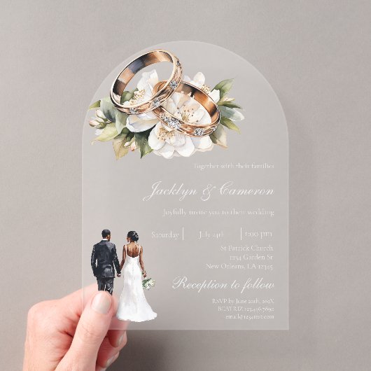 Invitations En Acrylique Mariage Fleur Blanche avec bague (In situ (ordinateur de poche))